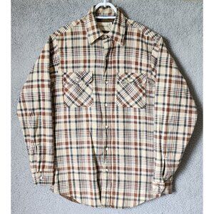 VTG 90s St Johns Bay Beige Plaid Flannel Button Shacket Size M Tall USA Made